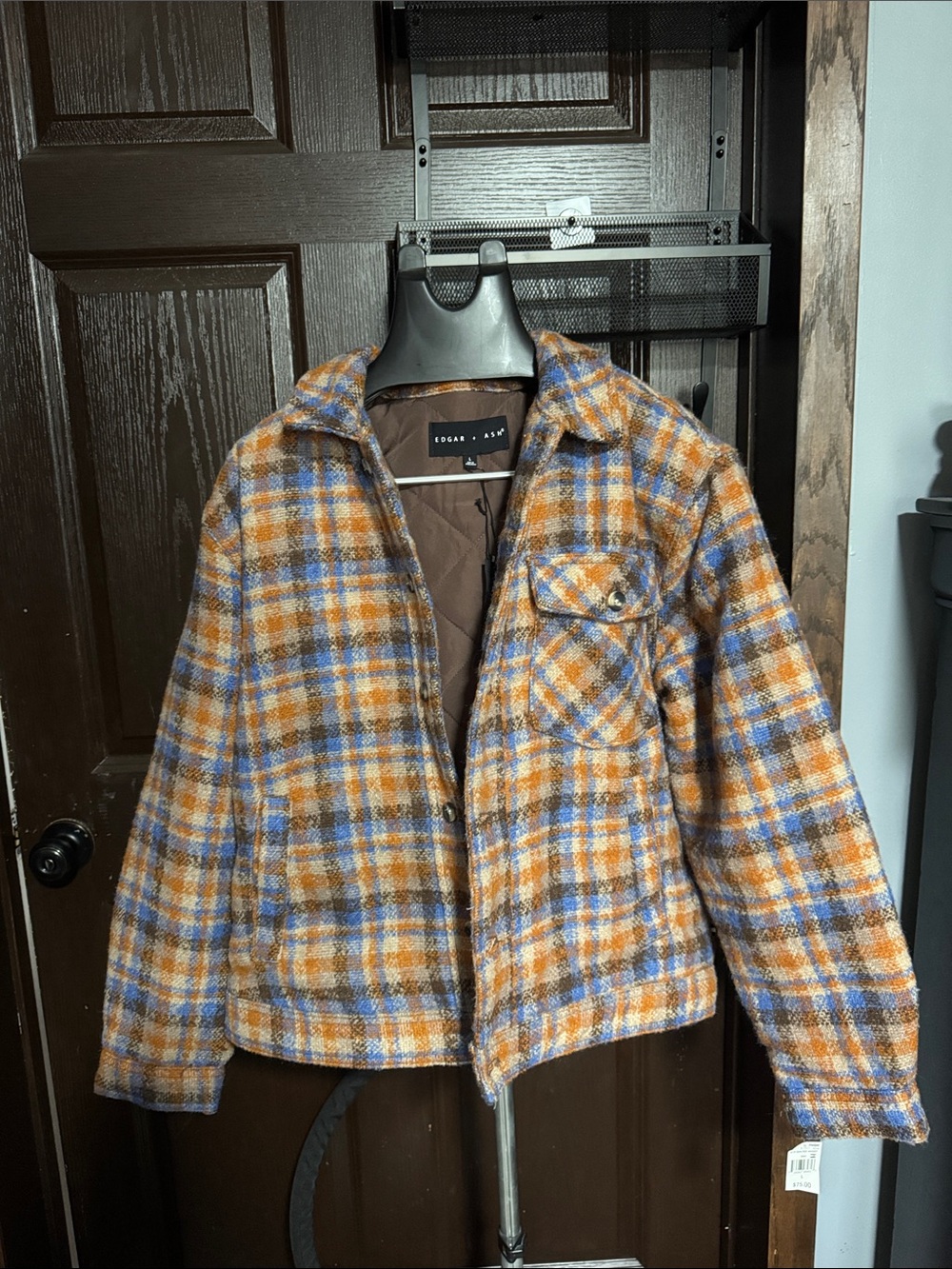 EDGAR + ASH Plaid Wool-Blend Shacket Jacket in Rust & Blue